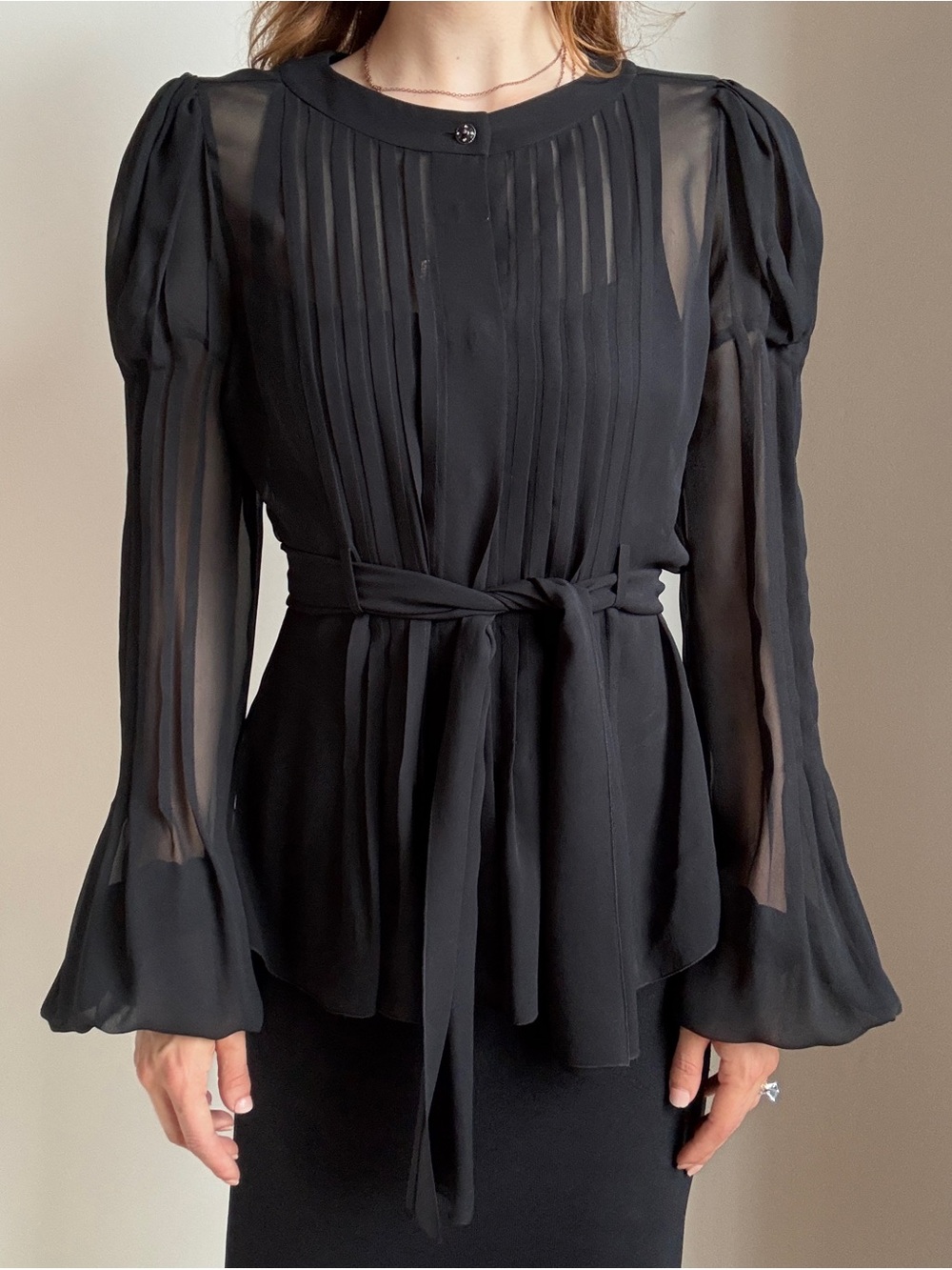 Vintage Chanel 2007 Sheer Silk Crepe Pintuck Blouse — Bell Sleeves — Size 40